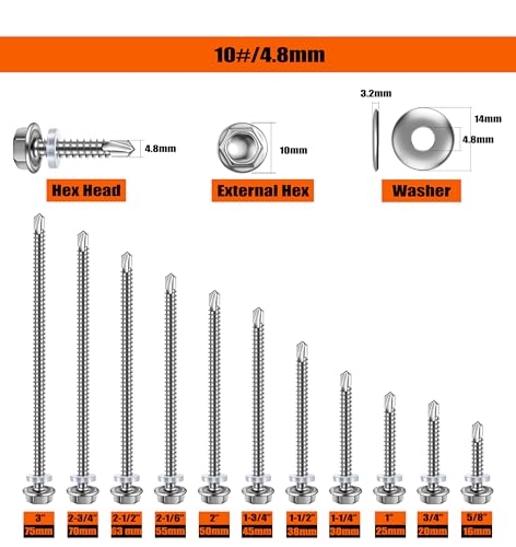 (85Pcs)#10 * 1-1/4"(4.8mm*32mm) Suneke 410 Stainless Steel Self-Drilling TEK Screws, Hex Washer Head with EPDM Waterproof Washers，External Hex Drive, Includes Drill Bit & Storage Box - size: 1-1/4", style: #10