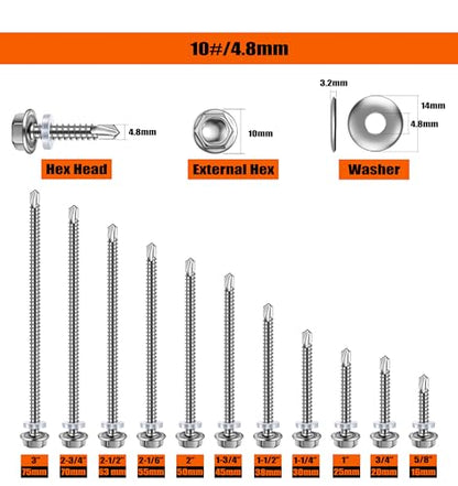 (85Pcs)#10 * 1-1/4"(4.8mm*32mm) Suneke 410 Stainless Steel Self-Drilling TEK Screws, Hex Washer Head with EPDM Waterproof Washers，External Hex Drive, Includes Drill Bit & Storage Box - size: 1-1/4", style: #10