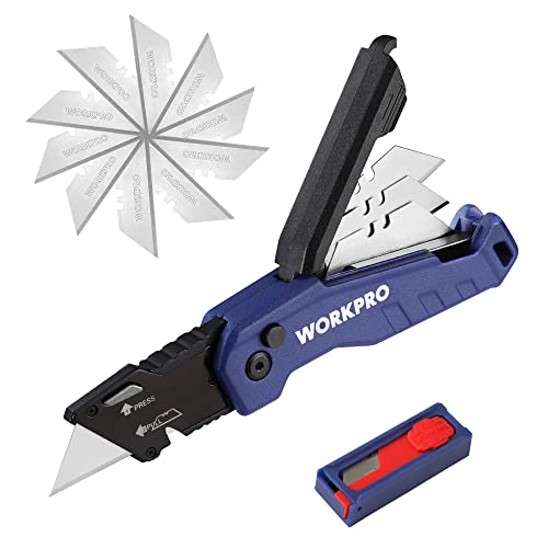 WORKPRO Folding Utility Knife, Quick Change Box Cutter, Blue - color: Blue, size: 4.5 inches