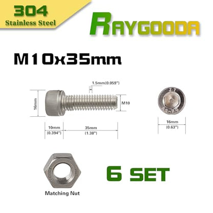 M10-1.5x35mm Socket Head Cap Screw and Nut Kit 6set, 304 Stainless Steel A2-70, Full Thread, Bright Finish - High Strength, Corrosion Resistant for Automotive, Machinery, DIY - size: M10x35mm(6 Sets）