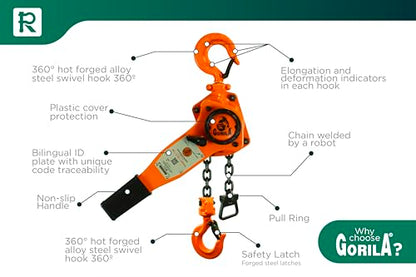 GORILA Manual Lever Hoist 360° | Manual Ratchet Chain Puller Hoist | 1650LBS - 5FT (0,75 Ton - 1,5 Meters) | Safety Factor 4:1 | Since 1989 - size: 1650lbs - 5ft / 0,75t - 1,5m