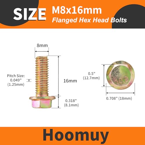 M8 x 16mm 25pcs Heavy Duty Flanged Hex Head Bolts, Flange Hexagon Head Screws, 10.9 Grade Alloy Steel, Yellow Zinc Plated, Metric Fully Thread - size: M8 x 16mm(25pcs)