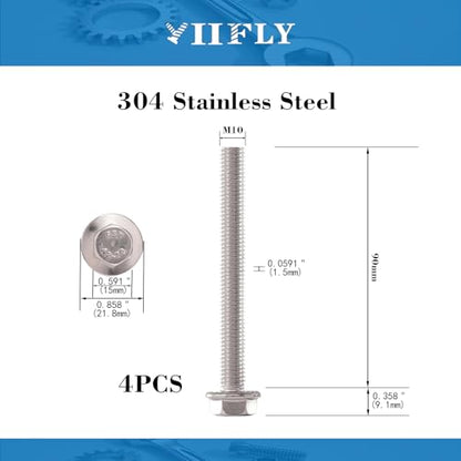 M10x1.5 x 90mm Flanged Hex Head Bolts, 304 Stainless Steel (A2-70), Bright Finish, Fully Threaded, Hexagon Head Flange Bolts, Quantity 4 - size: M10 x 90mm(4PCS)