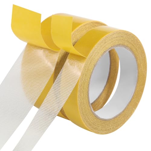 Qoqooice Double Sided Fabric Tape Heavy Duty Mounting Tape 1"/2“ x 50FT Resistente Clear Super Stick Tape with Fiberglass Mesh High Tack Strong Adhesive for Clothes Carpet Arts - size: 1 Inch and 2 Inch x50FT