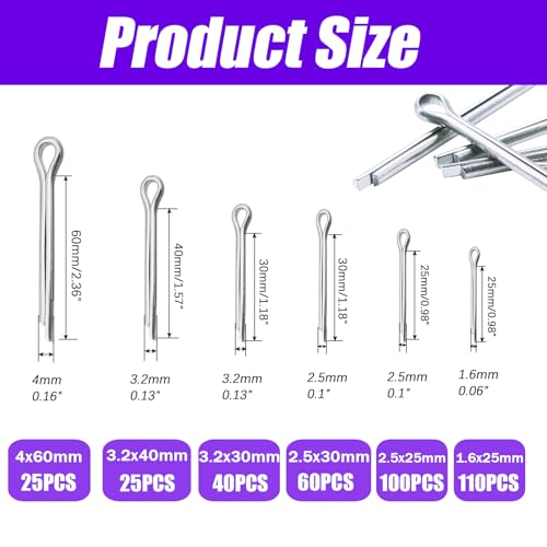 360PCS Cotter Pin Assortment Kit, 6 Sizes 304 Stainless Steel Cotter Pins Set, Split Pin Fastener Clips for Car Mechanics, Lawn Mowers, Trucks, Tractors Repair - size: 360PCS