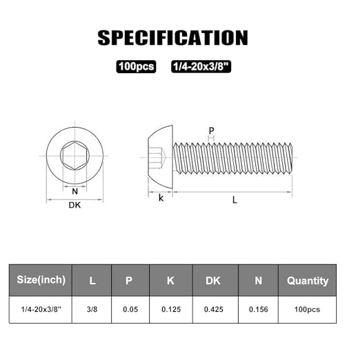 VGBUY 100Pcs 1/4-20 x 3/8" Button Head Socket Cap Bolts Screws, 304 Stainless Steel 18-8, Allen Hex Drive, Bright Finish, Fully Threaded, Hex Spanner Included (VG30301) - color: Silver, size: 1/4-20 x 3/8"