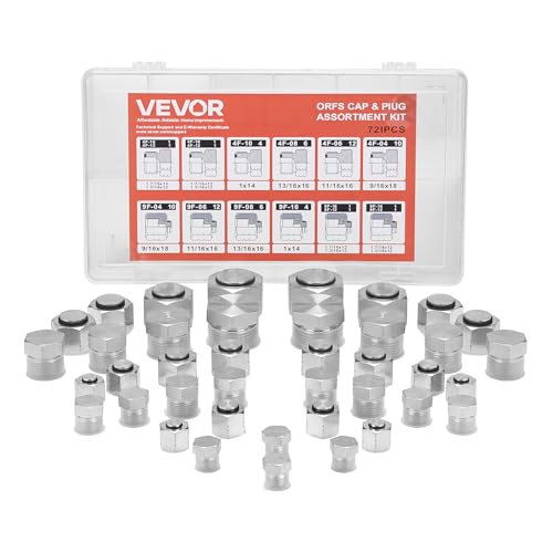 VEVOR 72 PCS ORFS Hydraulic Fittings, O Ring Face Seal Fitting Kit, Hydraulic Hose Tube and Pipe Fittings, Cap and Plug Set for Hydraulics, O Ring Assortment Kit Precision Thread, Sizes 4 6 8 10 12 16