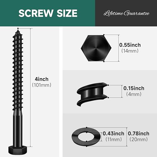 (8Sets) 3/8" x 4" Hex Head Lag Bolts, Heavy Duty Lag Screws with Washers, 304 Stainless Steel, 3/8 Bolt for Wood, Partial Thread, Black Oxide - size: 3/8" x 4"