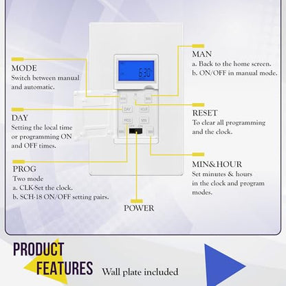 ENERLITES 7-Day Programmable Timer Switch, with Blue Backlight - color: White, size: In-wall With Backlight