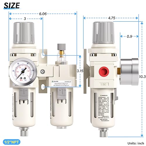 TAILONZ PNEUMATIC 1/2 Inch NPT Air Filter Pressure Regulator Water/Oil Trap Separator Combo(0-145PSI),Air Tool Compressor Filter with Gauge AC4010-04(Manual Drainage) - color: Manual/2 in 1, size: 1/2"NPT