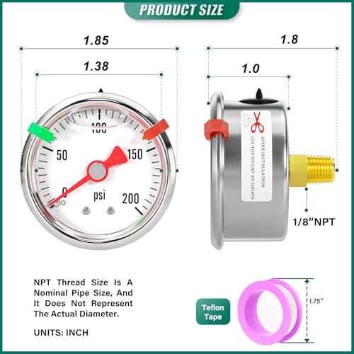 0-200psi Stainless Steel Glycerin Liquid Filled Pressure Gauge 1/8" NPT 1.5" Face Dial, Center Back Mount, for Water, Oil and Air Pressure Testing (with Range Mark Pointer) - size: 0-200Psi