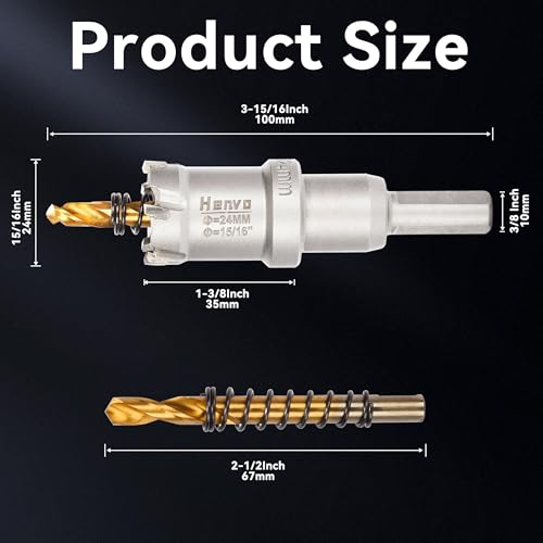 Hole Saw 15/16" (24mm) Heavy Duty Carbide with 2 Pilot Drill Bits - Metal Hole Cutter Cuts Stainless Steel, Iron, Copper, Brass, Plastic - size: 24mm|15/16"