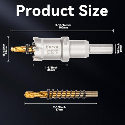 Hole Saw 15/16" (24mm) Heavy Duty Carbide with 2 Pilot Drill Bits - Metal Hole Cutter Cuts Stainless Steel, Iron, Copper, Brass, Plastic - size: 24mm|15/16"