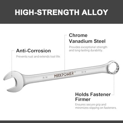 MAXPOWER 3/4 Inch Combination Wrench, Durable Cr-V Steel with Precise 12 Point Box End, Off-Corners Design, 15-Degree Offset - size: 3/4 Inch