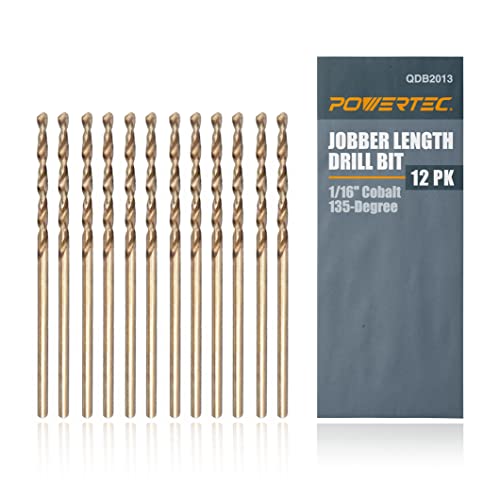 POWERTEC 1/16" Cobalt Drill Bits - 12 Pack - 1-3/4" Length - M35 HSS Jobber Length Twist Bits with 135° Tip for Drilling Wood, Metal, Stainless Steel, Nickel Alloy, Cast Iron & Plastic (QDB2013) - style: 12PK 1/16" Cobalt Drill Bit (1-3/4" L)