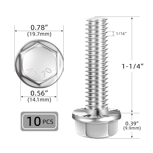3/8-16 x 1-1/4" (10 PCS) Flanged Hex Head Bolts, Flange Washer Head Hex Screws Bolts, 18-8 Stainless Steel (304), Plain Finish, Full Thread - size: 3/8-16 x 1-1/4"