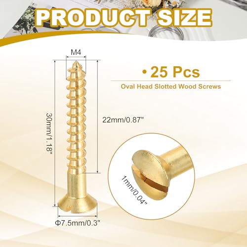 PATIKIL M4 x 30mm Slotted Wood Screw, 25 Pack Solid Brass Oval Head - size: M4x30mm