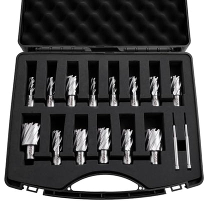 VEVOR Annular Cutter Set, 16 pcs Weldon Shank Mag Drill Bits Kit, 1" Cutting Depth, 7/16" to 1-3/8" Cutting Diameter, HSS, 14 Drill Bits with 2 Pilot Pins, Plastic Case, for Magnetic Drills, Steel - size: 7/16" - 1-3/8" * 1"