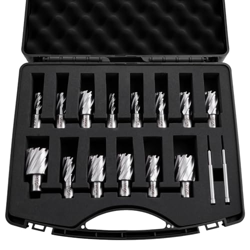 VEVOR Annular Cutter Set, 16 pcs Weldon Shank Mag Drill Bits Kit, 1" Cutting Depth, 7/16" to 1-3/8" Cutting Diameter, HSS, 14 Drill Bits with 2 Pilot Pins, Plastic Case, for Magnetic Drills, Steel - size: 7/16" - 1-3/8" * 1"