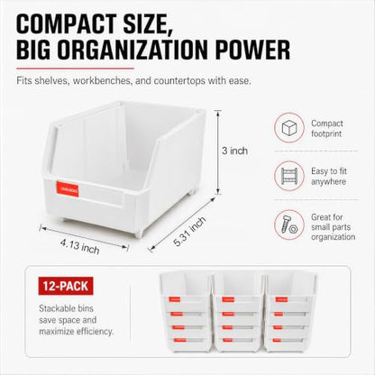 12 Pack Stackable Plastic Parts Bins, 7x5x4 in, White - color: White-12 Pack, size: 7"x5"x4"