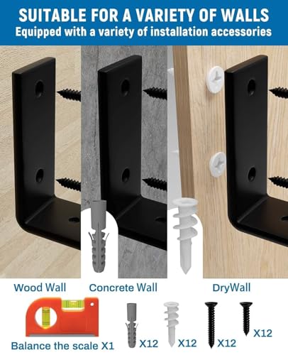 LEOPO 8 inch Shelf Brackets 6-Pack, 1/5" Thick Floating Shelf Bracket - color: black-6 pack, size: 7.25"