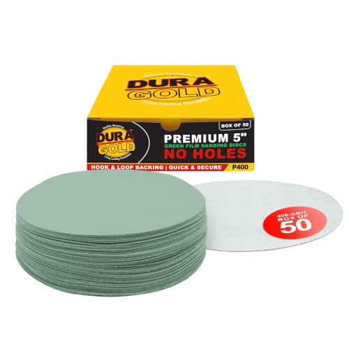 Dura-Gold 5" Green Film Sanding Discs, 400 Grit, Box of 50, Hook & Loop - size: 400-Grit