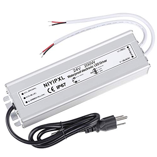 LED Driver 200 Watts 24V DC Low Voltage Transformer， Waterproof IP67 LED Power Supply, Adapter with 3-Prong Plug 3.3 Feet Cable for Any 24V DC led Lights, Computer Project, Outdoor Light - size: 200W-24V