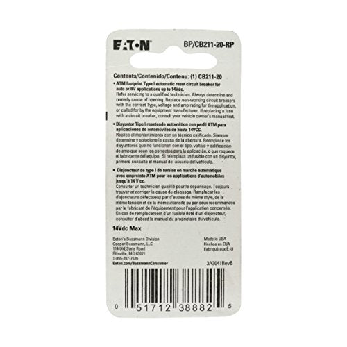 Bussmann (BP/CB211-20-RP) 20 Amp Type-I ATM Mini Circuit Breaker