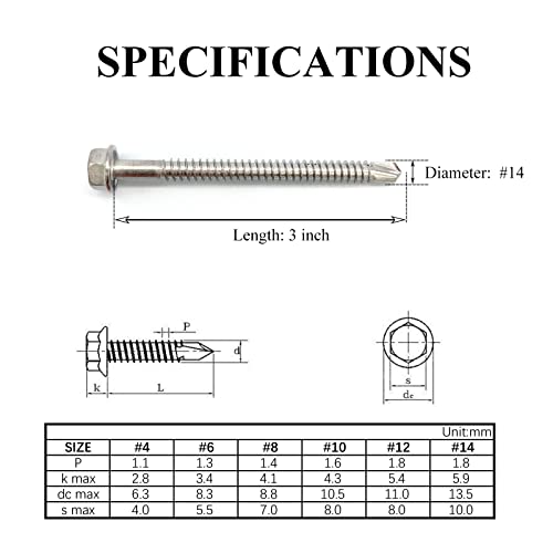 #14 x 3 (1" to 3" Available) Hex Washer Head Self Drilling Screws, 410 Stainless Steel, Self Tapping Sheet Metal Tek Screws, 25 PCS - size: 25 Pcs #14 x 3"