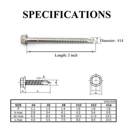 #14 x 3 (1" to 3" Available) Hex Washer Head Self Drilling Screws, 410 Stainless Steel, Self Tapping Sheet Metal Tek Screws, 25 PCS - size: 25 Pcs #14 x 3"