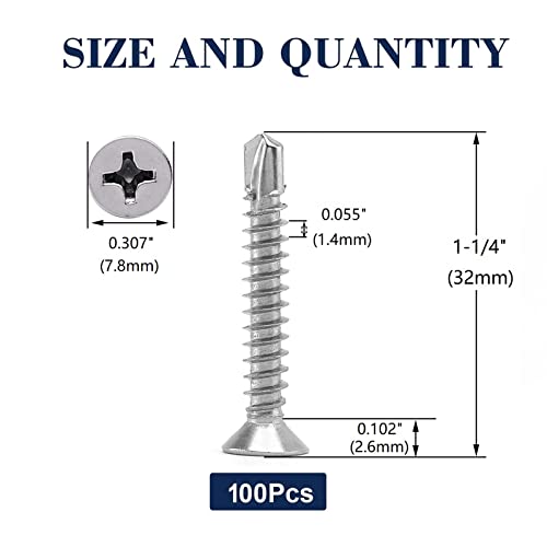 #8 x 1-1/4" Sheet Metal Screws 100Pcs 410 Stainless Steel Flat Head Tek Screws Fast Self Tapping Screws by SG TZH - size: #8 x 1-1/4"