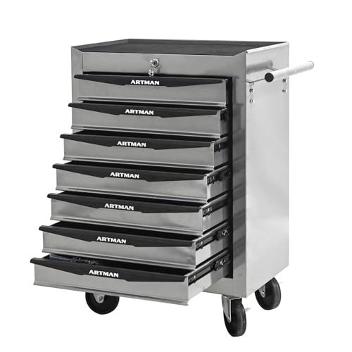 7-Drawers Steel Rolling Tool Cart with Wheels & Handle, Heavy-Duty Tool Chest Storage Cabinet for Garage and Workshop, Silver - color: Silver, size: 7-Drawer