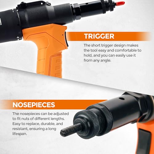 Heavy Duty Air Hydraulic Rivet Nut Tool with reversible button, HPS6312F Pneumatic Riveter Automatic Rivet Nut Gun Tool Setting Kit Come with 8 Size Metric and SAE Nose-Piece Assembly - style: Air Hydraulic Rivet Nut Tool with reversible button HPS6312