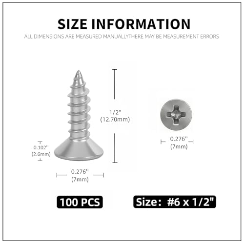 #6 x 1/2 [100 Pack] Flat Head Phillips Drive Self Tapping Screws, Sheet Metal Screws, 304 Stainless Steel (18-8), Corrosion Resistant Screws for Wood, Sheet Metal and More - size: #6 x 1/2