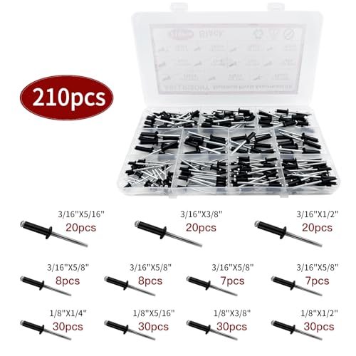 210Pcs Black 3/16 Inches,1/8 Inches Pop Rivets Assortment Kit, 8 Sizes Aluminum Rivets,Aluminum blind rivets for metal Dome Head rivet kit - color: Black, size: 3/16 Inches,1/8 Inches