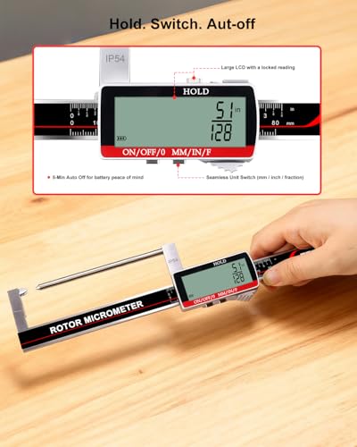 Brake Rotor Gauge, Rechargeable Digital Caliper 3.25-Inch ±0.03mm Accuracy, Stainless Steel Body, Large LCD Display with Hold, mm/inch/F Units, IP54, Measures Discs Without Removing Wheels - size: 3.25"-USB‑C