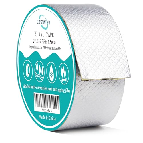 COSIMIXO Aluminum Foil Butyl Tape 2" x 16.5Ft (5cm x 5m) Extra Thickness Upgraded Strong Butyl Waterproof Tape, Repair for Boat,Pipe, HVAC Ducts, Roof Crack, RV, Awning, Window Sealing, Silver - size: 2" x 16.5Ft