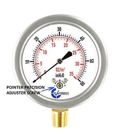 Diaphragm Low Pressure Capsule Gauge, 2-1/2" Dial, 0-35 oz/0-60in H2O Range, 1/4" NPT Lower Mount, Stainless Steel Case, Brass Internals, Adjustable, Dual Scale 35 oz/60 inH2O (IWC) - size: 0-35 oz/0-60 inH2O