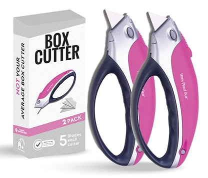 Pink Box Cutter Retractable Utility Knife - Two Pack Heavy Duty Cardboard Carton Cutter Opener Retracting - with 5 Sharp Utility Razors - color: Pink 2 Pack