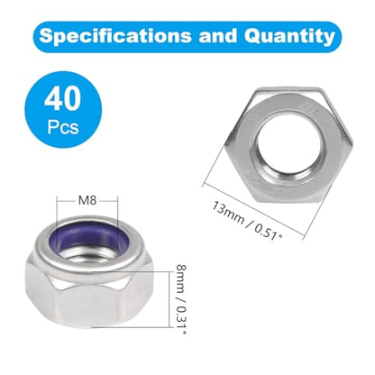 40PCS M8 Locknuts M8x1.25mm Nylon Insert Hex Lock Nuts - size: M8x1.25mm;40 PCS