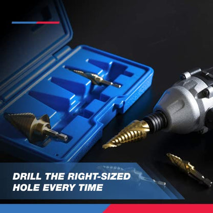 NEIKO 10173A Step Drill Bit Set for Metal and Wood, 5 Piece SAE, Spiral Grooved for Faster Drilling, Step Bits with 50 Total Step Sizes, Titanium Coated Unibits - size: 5pc (1/8 - 1-3/8", 50S), style: Spiral