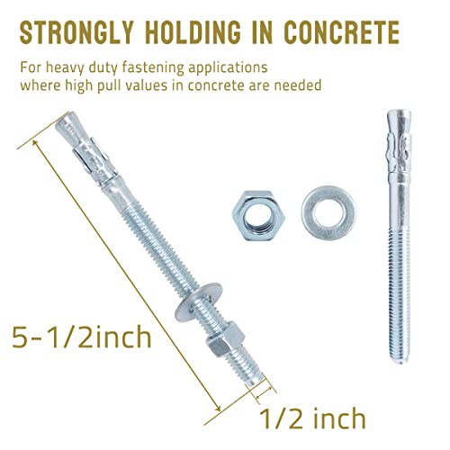 1/2 Concrete Anchors, Zinc-Plated Steel Wedge Anchors, 12 Pack - size: 1/2" x 5-1/2"