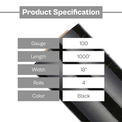 PSBM Dark Black Stretch Wrap, 4 Rolls 18 Inch x 1000 Feet 100 Gauge, Heavy Duty Plastic Wrap Industrial Strength Shrink Film for Moving, Packing & Shipping - color: Black, size: 4 Rolls