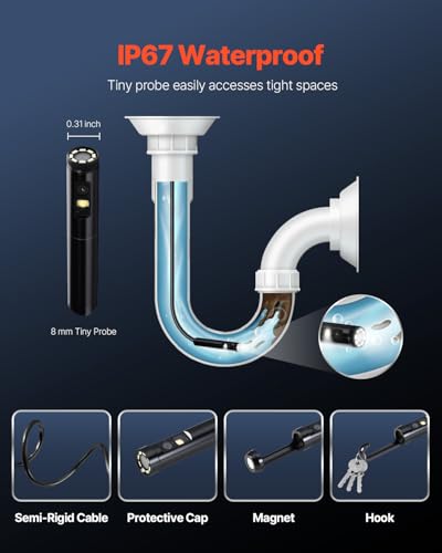 VEVOR Endoscope Camera with Light, Dual Lens Borescope for Android & iOS, 1920P HD Inspection Camera, 8 + 1 LED Lights, 2X Zoom, 10FT Snake Cable, IP67 Waterproof - size: 10FT
