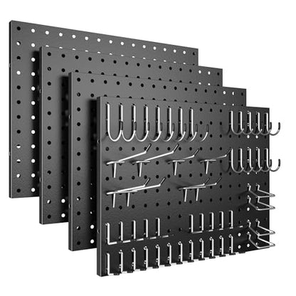 Spampur Peg Board, 4 Pack Metal Black Pegboard Panels with 50 Hooks - color: Black, size: 16x12"- 4 Pcs