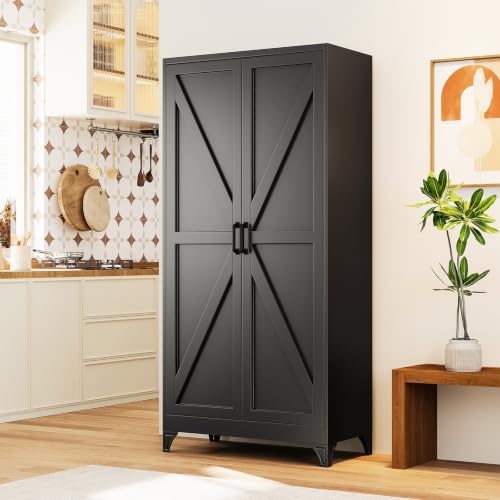 75" Tall Metal Storage Pantry Cabinet with 4 Adjustable Shelves - color: Black, size: 75"H x 36"W x 18"D