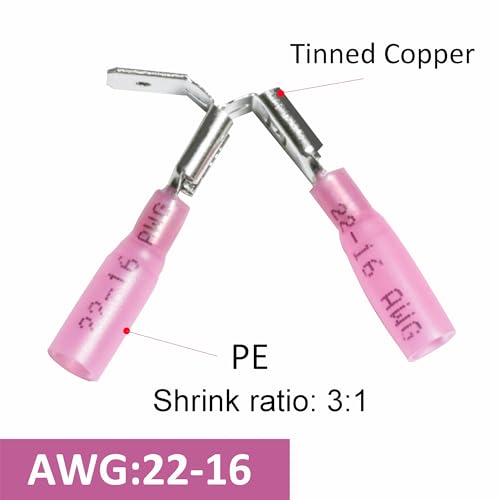 50 PCS Heat Shrink Piggyback Spade Connectors, AWG 22-16 Insulated Quick Disconnect Wire Connector, Electrical Spade Terminals for Marine, Electronics, Automotive- Pink - style: AWG 22-16/Pink
