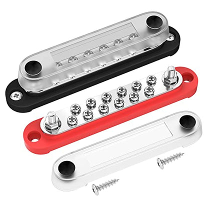 DaierTek 12V Power Distribution Block 2 x 1/4" (M6) Terminal Studs 12 x M4 (#8) Terminal Screws Battery Bus Bar Terminal Block Max 48V Positive & Negative Busbar for Automotive Car Boat - color: 150A-T2M6S12