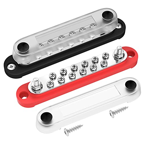 DaierTek 12V Power Distribution Block 2 x 1/4" (M6) Terminal Studs 12 x M4 (#8) Terminal Screws Battery Bus Bar Terminal Block Max 48V Positive & Negative Busbar for Automotive Car Boat - color: 150A-T2M6S12