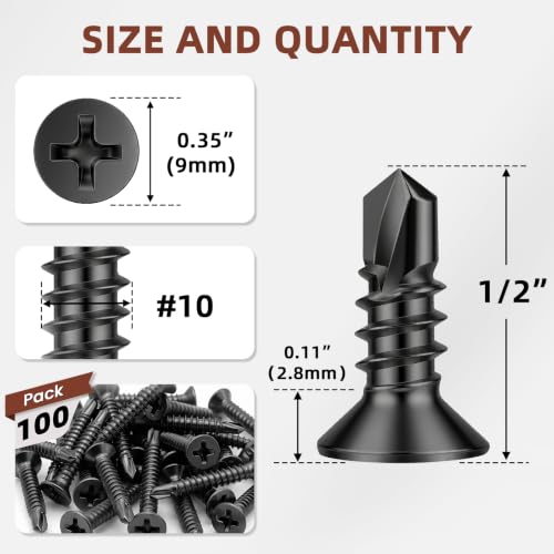 Mellewell #10 x 1/2" Black Flat Head Sheet Metal Screws, 100 PCS - color: Black, size: #10 x 1/2"
